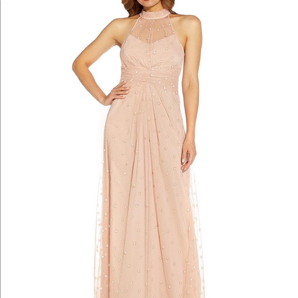 Adrianna Papell Glitter Dot Sheer Halter Neck Sleeveless A-line Gown Size 18